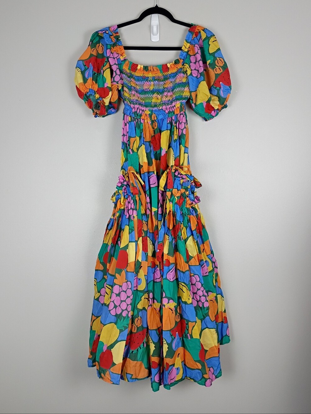 FARM Rio Multicolor Fruit Landscape Smocked Puff Sleeve Midi Dress Size Medium - Picture 2 of 14